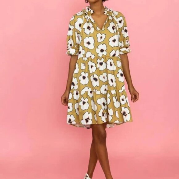 CROSBY by Mollie Burch Dresses & Skirts - Crosby Isabelle Green Yellow Floral Print Puff Sleeve Tiered Mini Dress Size XS